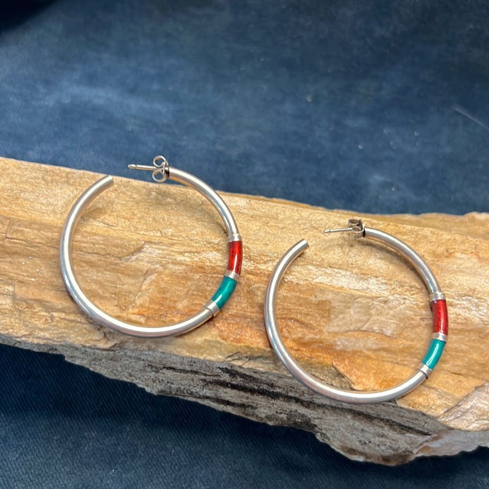 Sterling Silver Hoop Earrings with Green and Red Enamel